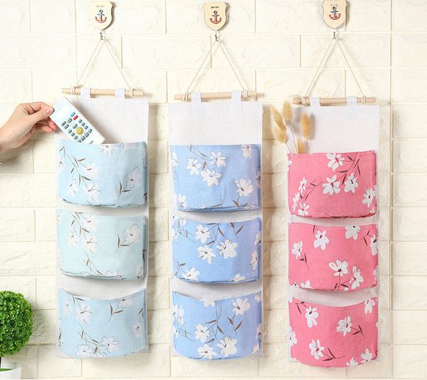 

3 pocket clothing hanging storage bags cotton linen closet wall hanging organizers mounted wardrobe cosmetic jewelry storage basket