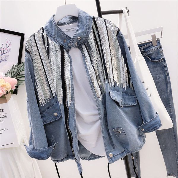 

2019 sequins denim jacket women bomber jacket fashion long sleeves coats vintage hippie jeans colete feminino 8899, Black;brown