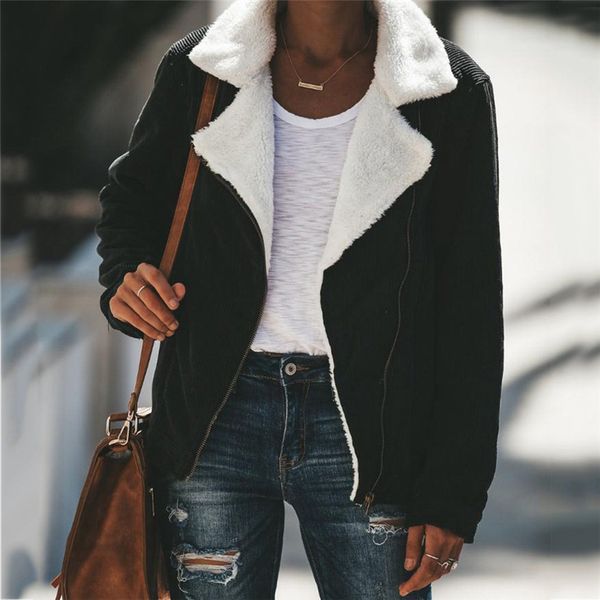 

2019 new basic jacketwomen faux suede warm jacket zipper up front coat outwear with pockets outwear clothes short bomber jacket, Black;brown
