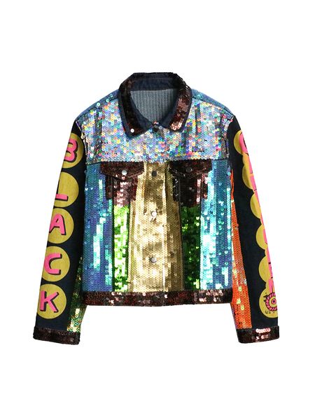 

fashion spring autumn shining sequins outwear denim jacket turn down collar hipster cool leopard short crop bomber jacket, Black;brown
