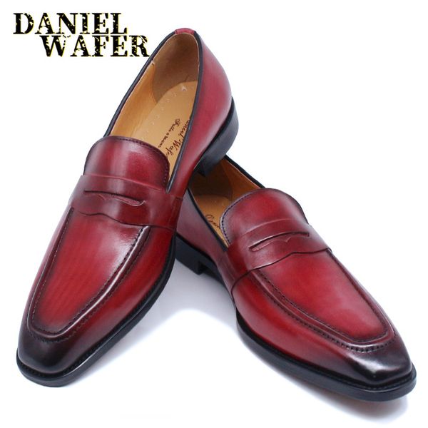 

luxury men loafers shoes genuine leather penny loafer slip on pointed toe red black office wedding dress summer casual shoes men t200610