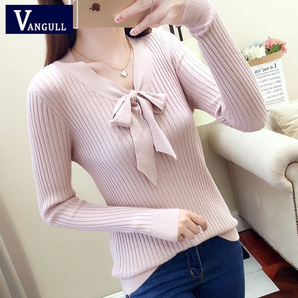 

vangull women knitted slim sweaters 2019 spring autumn new short solid bow v-neck long sleeve pullovers thin women knit sweater, White;black