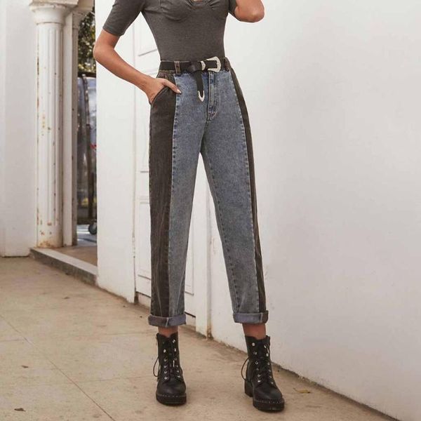 

women's slim-fit high waisted jeans stitching denim zipper jeans trousers streetwear loose pants tallas grandes mujer #j55, Blue