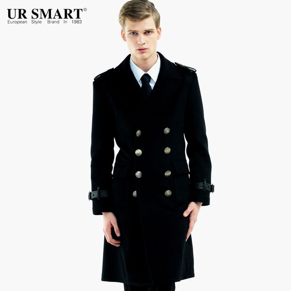 

ursmart2015 new winter long section woolen coat wool blend men male coat, Black