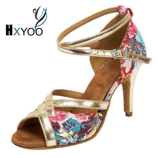 

hxyoo 2018 instock latin dance shoes women salsa ballroom shoes ladies satin soft sole red blue flower gold buckle wk010