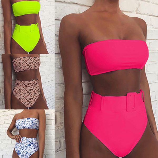 

solid bandeau buckle swimsuit high waist bikinis mujer swimwear women belt brazilian neon bikini summer bathing suit 2019