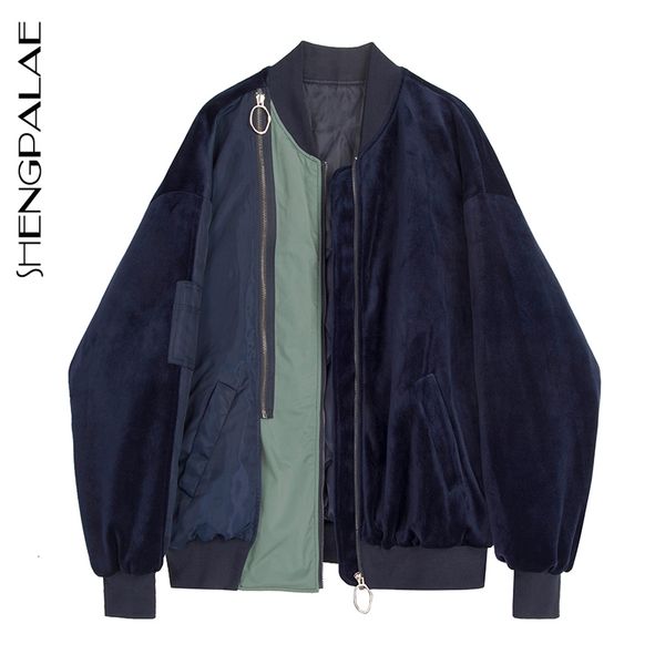 

shengpalae 2019 new fashion autumn winter jacket women contract color velvet stitching double zippers cotton coat female a209, Black