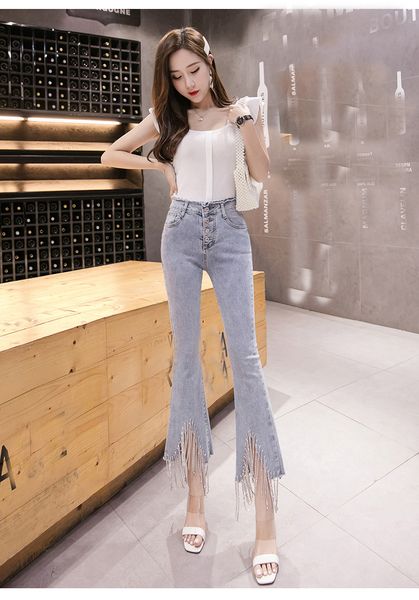 

блеск синий rivet талии 2 ноги девять очков брюки, Blue