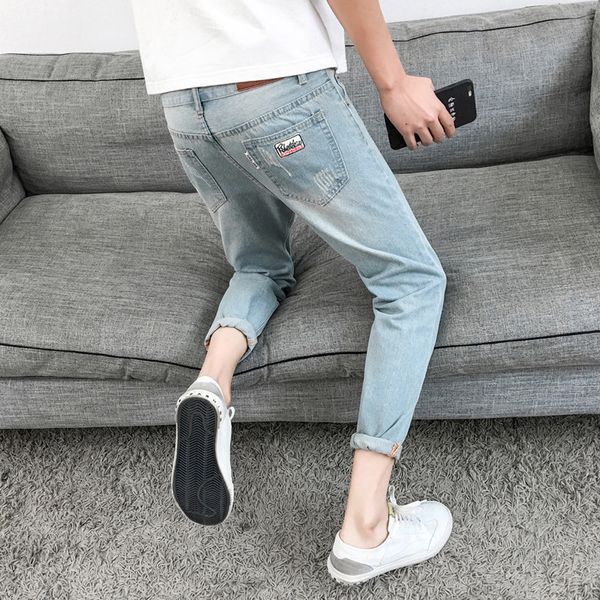 

summer 2020 fashion ripped hole jeans men's ankle length pants korean slim feet pants japanese retro beggar thin jeans, Blue