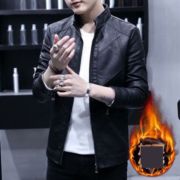 

mens designer coat casual leather jacket korean version of the self-cultivation trend plus velvet youth pu leather jacket quality, Black;brown