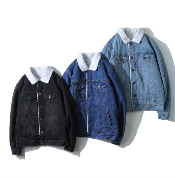 

men winter thick warm denim jackets coats lambswool fashion jeans jacket outwear streetwear male loose, Black;brown
