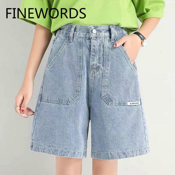 

finewords blue mid length high waist shorts jeans loose plus size straigt jeans shorts vintage casual summer denim women, White;black