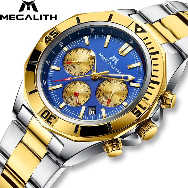 

megalith mens watch horloges mannen business quartz watch original stainless steel wristwatch chronograph blue waterproof 8206, Slivery;brown