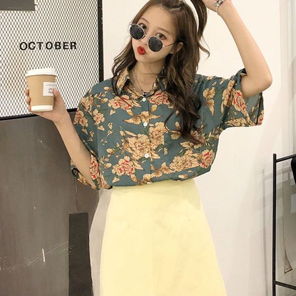 

harajuku women blouse and vintage rinted short sleeve casual blusas hawaiian holiday beach versatile female lady shirts, White