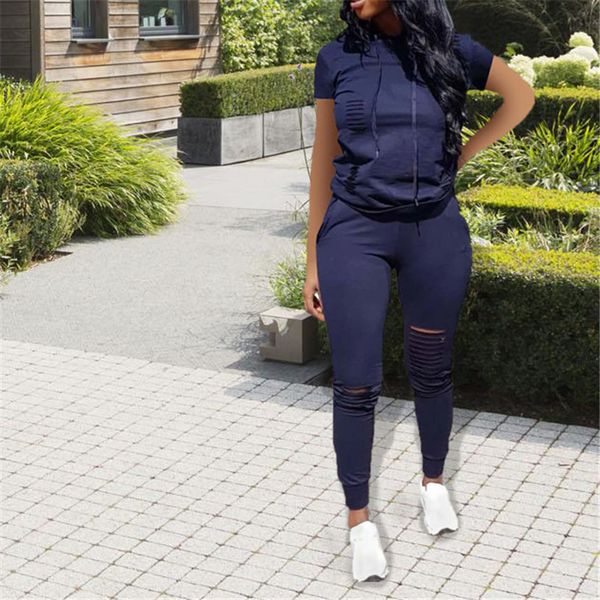 

holes summer designer tracksuits new fashion short piece hooded color suit sleeve set womens solid two vfxfn, Black