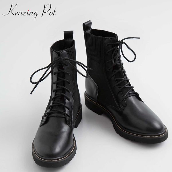 

krazing pot recommend genuine leather knitting med heel round toe lace up gorgeous model runway vintage ankle boots l66, Black