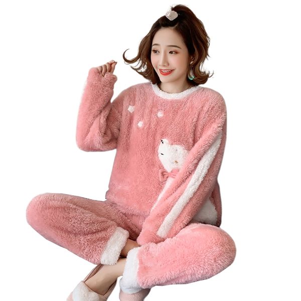 

wholesale-breathable comfortable cute homewear women pajama set plush pants casual animal print winter thick soft cartoon long sleeve, Black;red