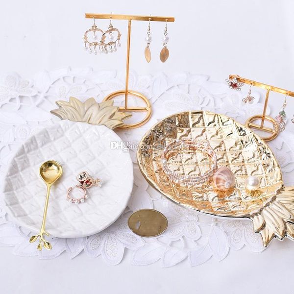 

ddisplay]porcelain gold pineapple jewelry plate personalized bracelet organizer tray little girls necklace glamour earrings display holder, Golden;white