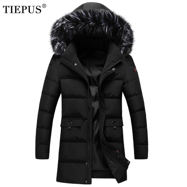

tiepus new down jacket men's solid color fur collar hooded long section park men's winter coat plus size m~5xl,6xl ,7xl ,8xl, Black