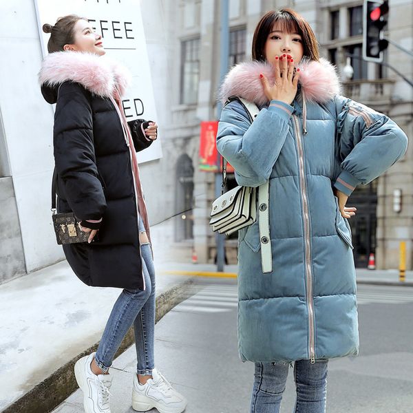 

down jacket cotton-padded clothes women's mid-length gold velvet coat 2018 new style bf slimming chic cotton-padded clothes youn, Blue;black