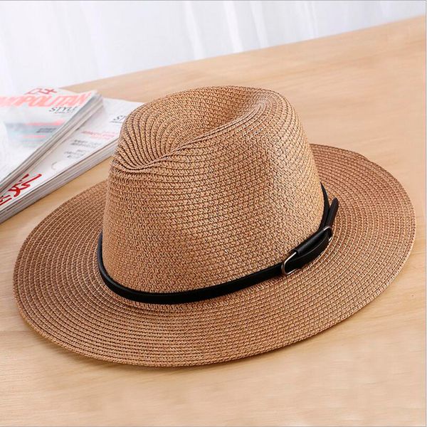 

summer hats for women men broad brimmed straw hat belt buckle playa panama hat sunhat chapeau femme male female jazz, Blue;gray