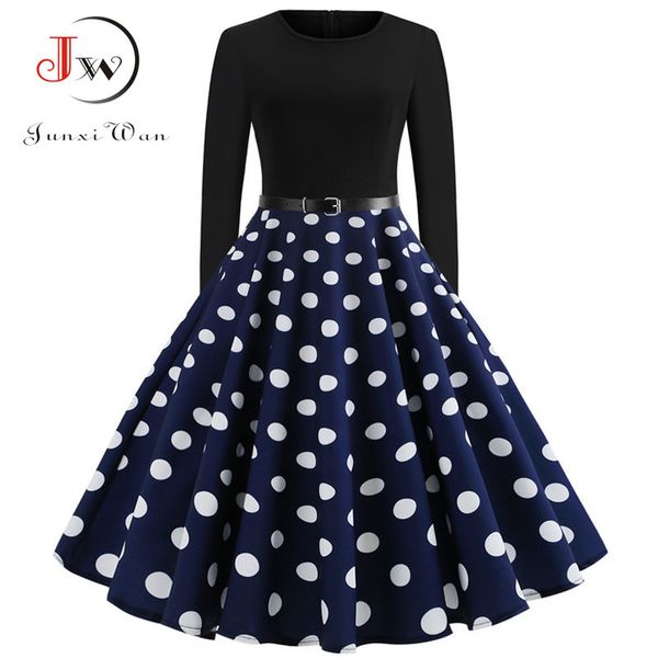 

black winter dress women polka dot patchwork elegant vintage dress long sleeve big swing plus size party dresses casual chrismas, Black;gray