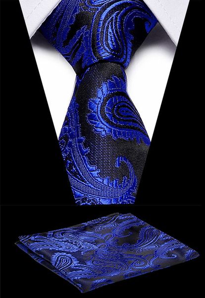 

luxury men`s classic tie 100% silk novelty geometric tie handkerchief sets for men`s wedding business party formal dress necktie, Black;blue