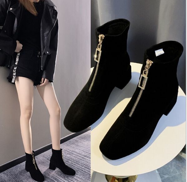 

martin boots female 2020 new autumn and winter short front zipper fashion wild mid-heel short boots, Black