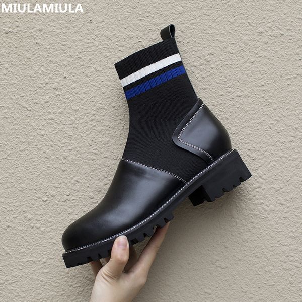 

miulamiula brand designers 2019 winter black blue striped sock boots genuine leather thick bottom lady shoes loafers size 35-40