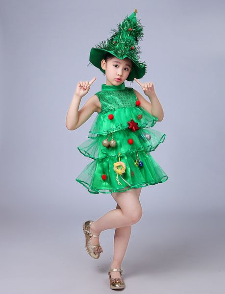 

halloween clothing children christmas costume green christmas tree girls dress children section performance clothing, Red;yellow