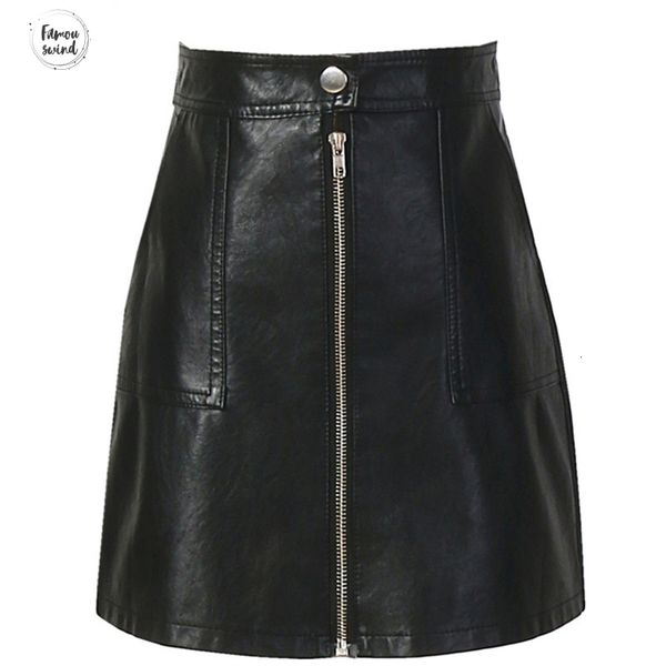 

autumn winter spring skirt pu leather mini skirt with pockets zipper a line hip high waist women clothing sp051, Black