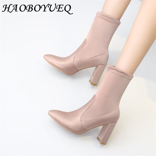 

autumn and winter high heel women's boots the new knitting stretch boots stovepipe middle tube pointed thick heel short, Black