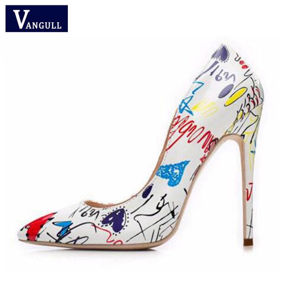 

vangull colorful graffiti pumps womenhigh heels 2019 new spring stiletto shoes female pointed toe heel fashion patry pumps, Black