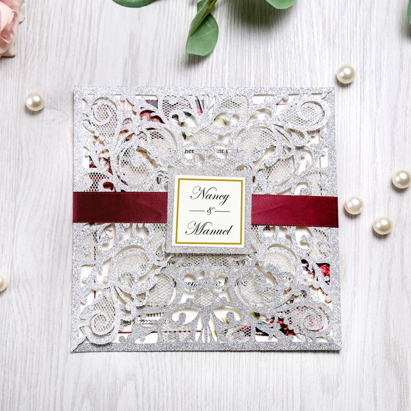 

50pcs burgundy, silver, white, gold glitter laser cut wedding invitation cards with envelope