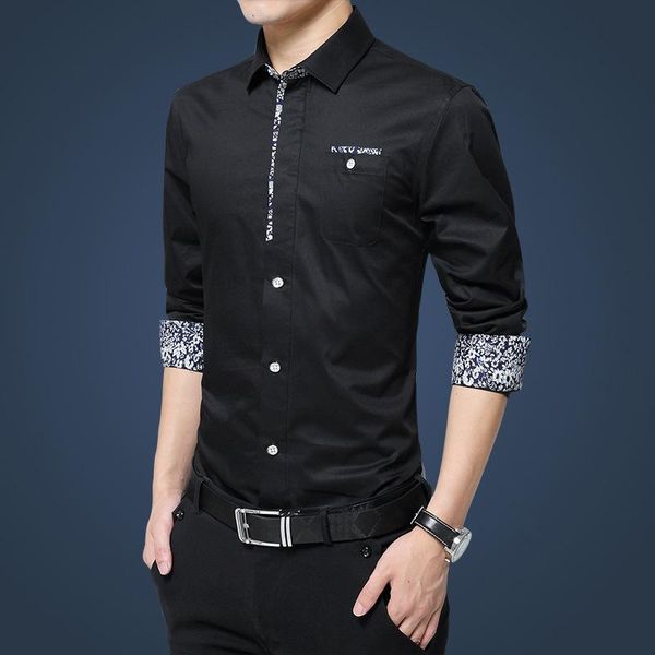 

2019 autumn new cotton slim trend wild casual korean version of handsome men's long-sleeved shirt, White;black