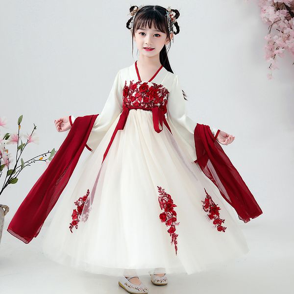 

chinese style girls v-neck hanfu dress children's ancient style tang costume little girl princess hanfu dress spring/autumn, Red;yellow