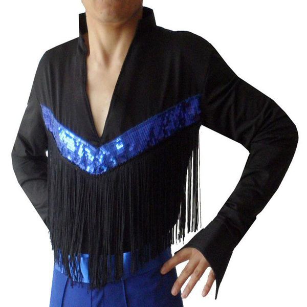 

latin dance shirt for men samba costumes tango dance clothes male d0135 customize with tassel sequin long sleeve, Black;red