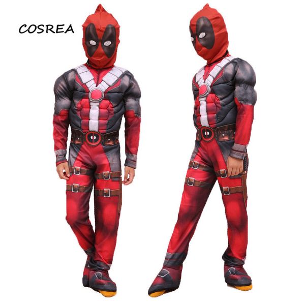 

marvel movie deadpool cosplay costumes wade wilson children deluxe muscle halloween carnival props suit zentai bodysuit mask, Black;red