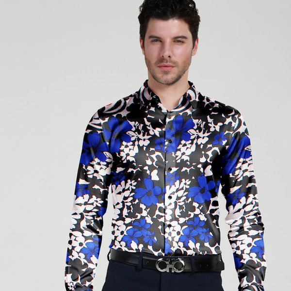 

men's luxury silk blue silhouette flower shirt long sleeve fashion loose casual silk men's dress shirt wedding party apparel, White;black