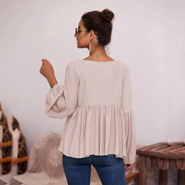 

women's lace up v neck long sleeve loose shirt summer casual party blouse, White