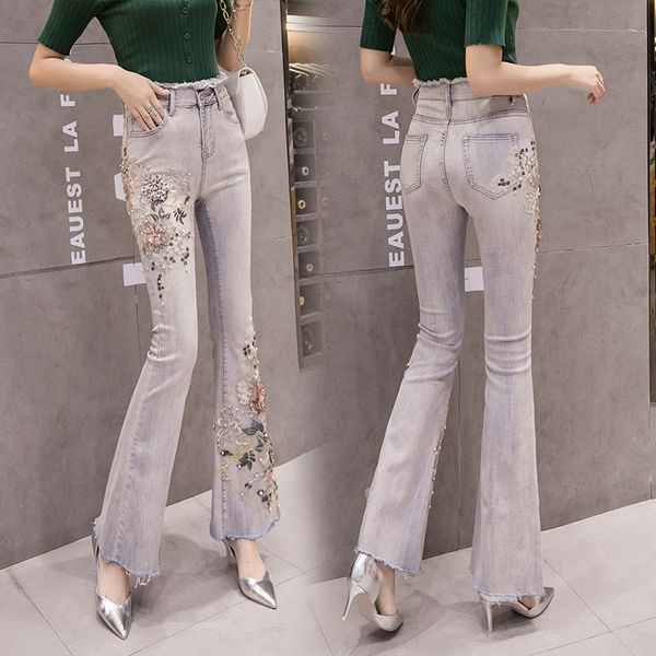 

weila jeans gao waist summer slim fit slim light color heavy industry embroidery wide leg flared pants, Blue