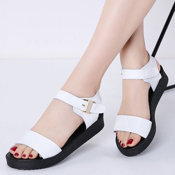 

2020 summer women sandals genuine leather flat sandals women ankle strap ladies white beach 2915 platform, Black
