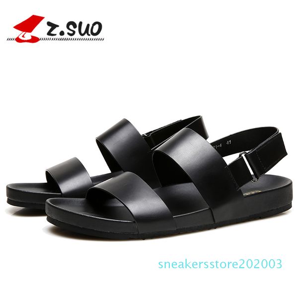 

z.suo 2018 summer new hook&loop classic men sandals plus size genuine leather pure black sandals outdoor beach sandalias hombre s03