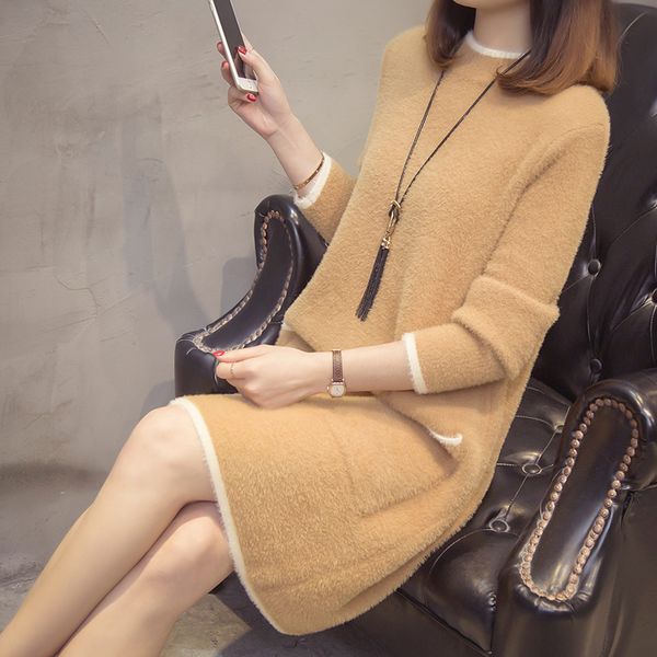 

women's thicker, new loose and semi-high collar sweater dress, autumn and winter mink-like wool bottom sweater skirt, White;black