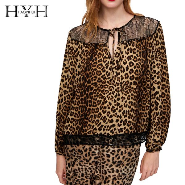 

hyh haoyihui lace splice bowtie with animal print print top, White