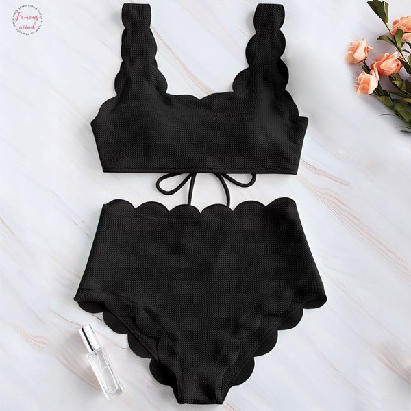 

женщины scalloped текстурированные высокой талией бикини set solid две пьесы пляж для купания купальники узелок biquinis купальники, White;black