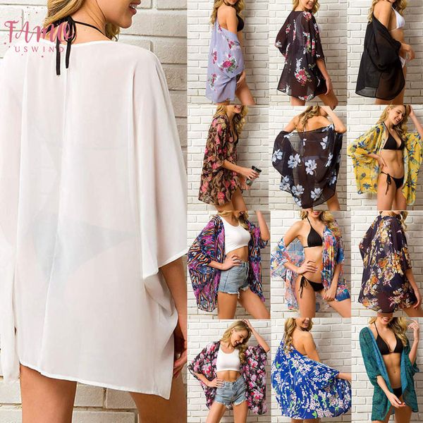 

2020 summer women chiffon floral kimono beach cardigan sheer cover up swimwear long chiffon blouse shirts female, White