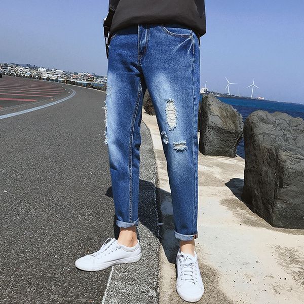 

mens denim fashion classic trousers jeans casual slim straight solid colors jeans vintage ripped hole fit aa11406, Blue
