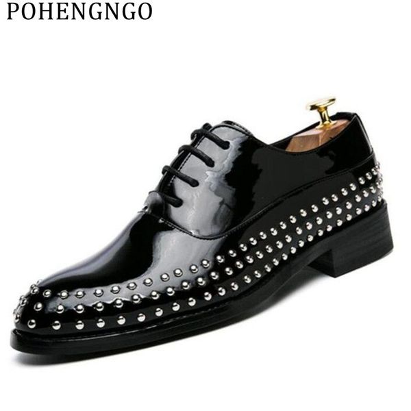 

fashion design rivet patent men's office dress shoes wedding pointed oxford shoes luxury men's business party social, Black
