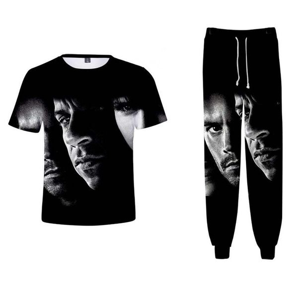 

new fashion women/mens fast & furious 8 funny 3d print t-shirt + jogger pants casusal tracksuit sets k88, White;black